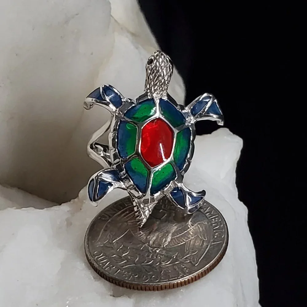 Solid Sterling Silver 925 Ring Turtle Hand Enameled Designer Jewelry